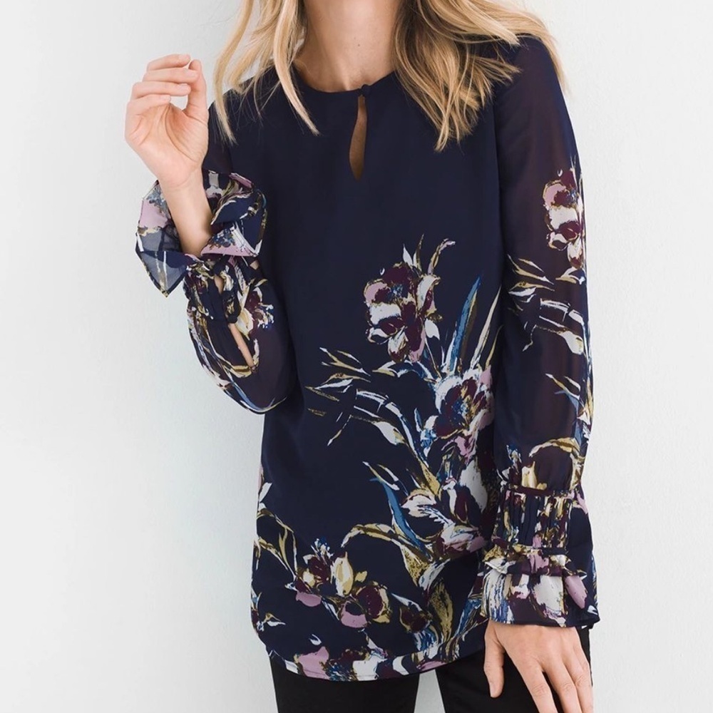 Chico’s Bird of Paradise-Print Pullover Blouse Sz 2 12/14 Blue Floral Blouse Top